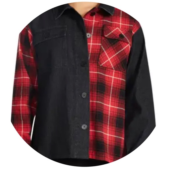 STEVE MADDEN GRUNGE RED & BLACK BUTTON DOWN SHIRT/JACKET DENIM/FLANNEL MIX PLAI… - Picture 10 of 11